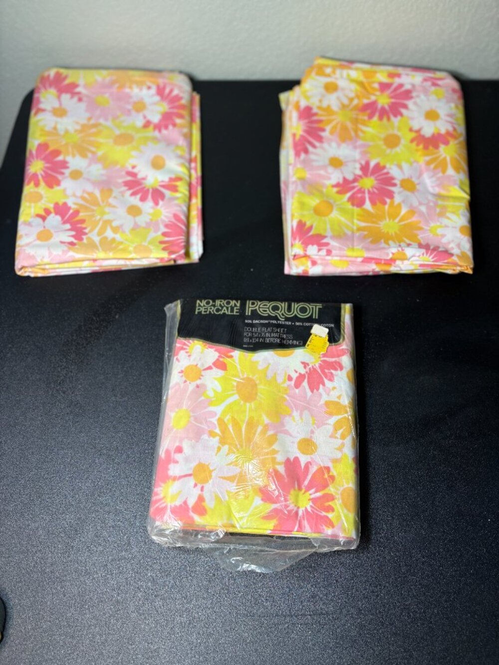 Set of 3 Vintage New Old Stock Floral 1970's Double Flat Sheets MOD Retro.